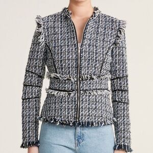 Walter Baker Baca Tweed  Fringe Trim Jacket Navy/Multi Sz M $248